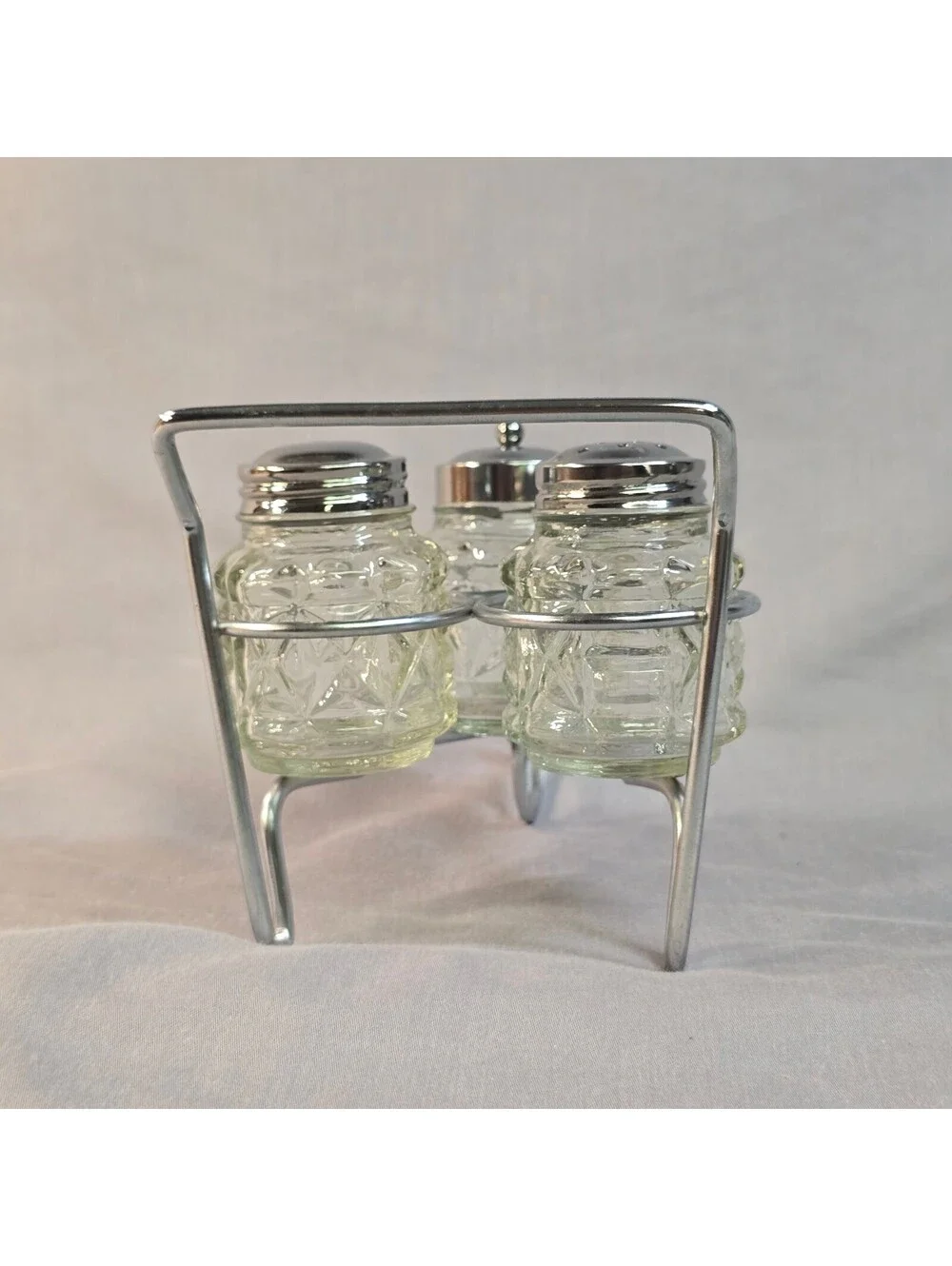 Vintage Mid-Century Chrome Wheelbarrow Condiment Set Salt, Pepper, Mustard Cruet